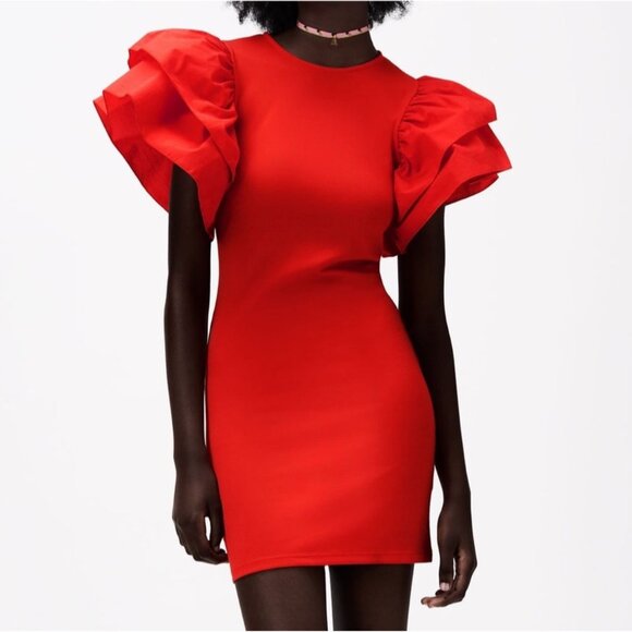 Zara Red Ruffle Sleeve Bodycon Mini Dress Size S - Picture 12 of 13